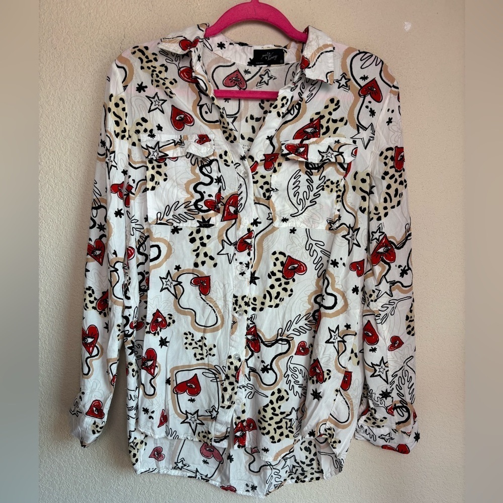 Milk & Honey Abstract Heart and Animal Print Button Down Pocketed Blouse M - Picture 8 of 9
